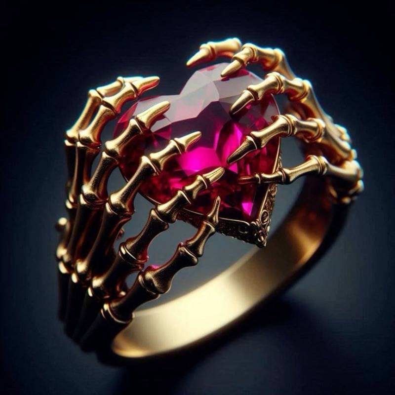 Women's Golden Skull Heart Ring, Luxurious Claw Shaped Design